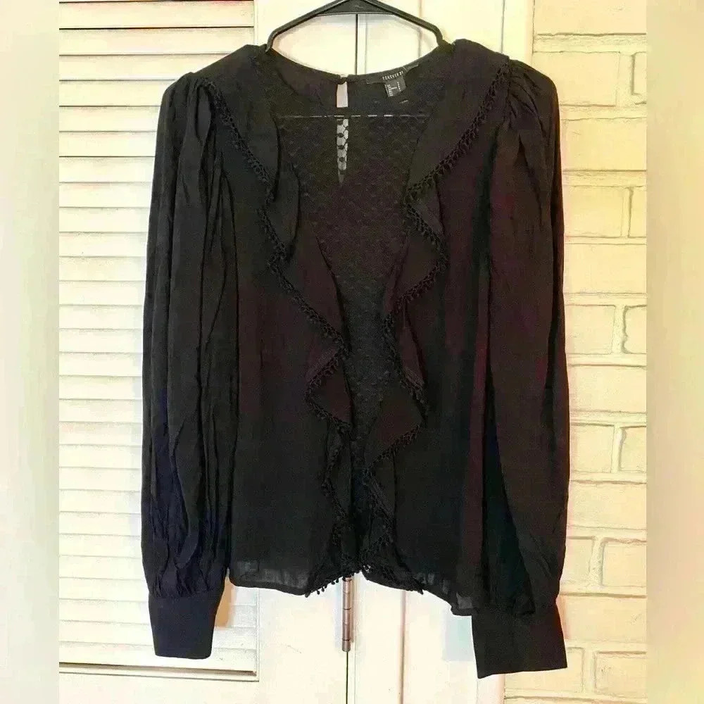 Forever 21 Black Poet Sleeve Ruffle Blouse Size Small NWT